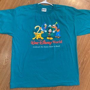 Vintage 2000 Walt Disney World "Celebrate the Future Hand in Hand" Tshirt, Teal